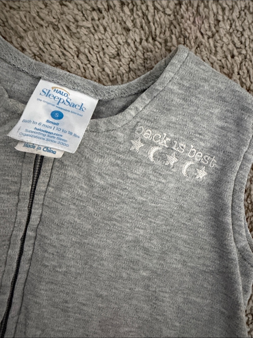 Halo Gray SleepSack with "back is best" Embroidery